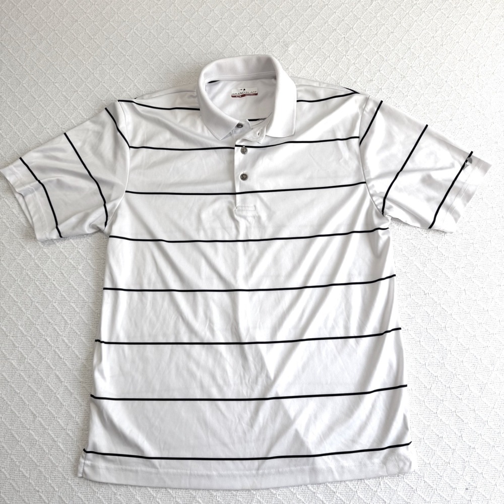 Grand Slam Mens Short Sleeve Striped Golf Polo Shirt White Black Size M